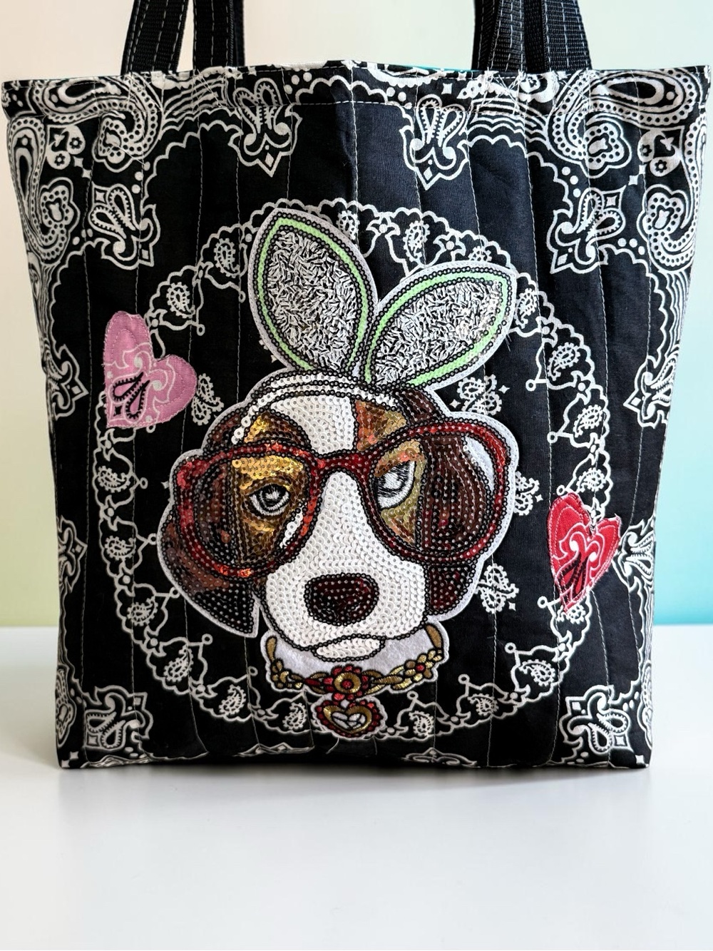 WHERE DID YOU GET THAT BAG Quirky Dog Face Quilted Bandana Tote Handmade NEW